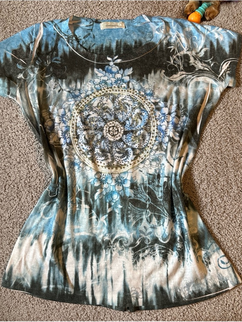 Boho Floral Medallion Short Sleeve Top - Blue/Black